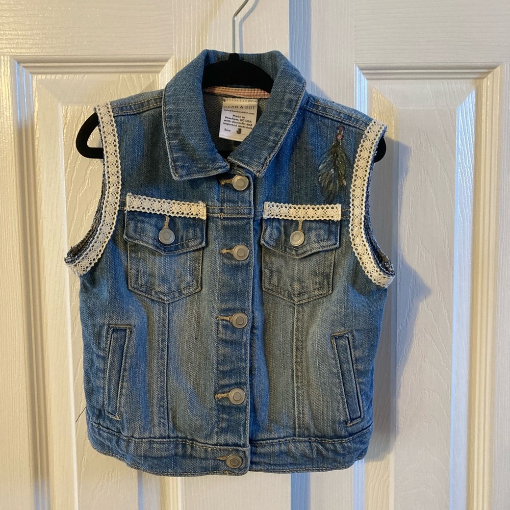 Girls Bean & Dot Denim Vest With Hand Painted Dream Catcher On The Back